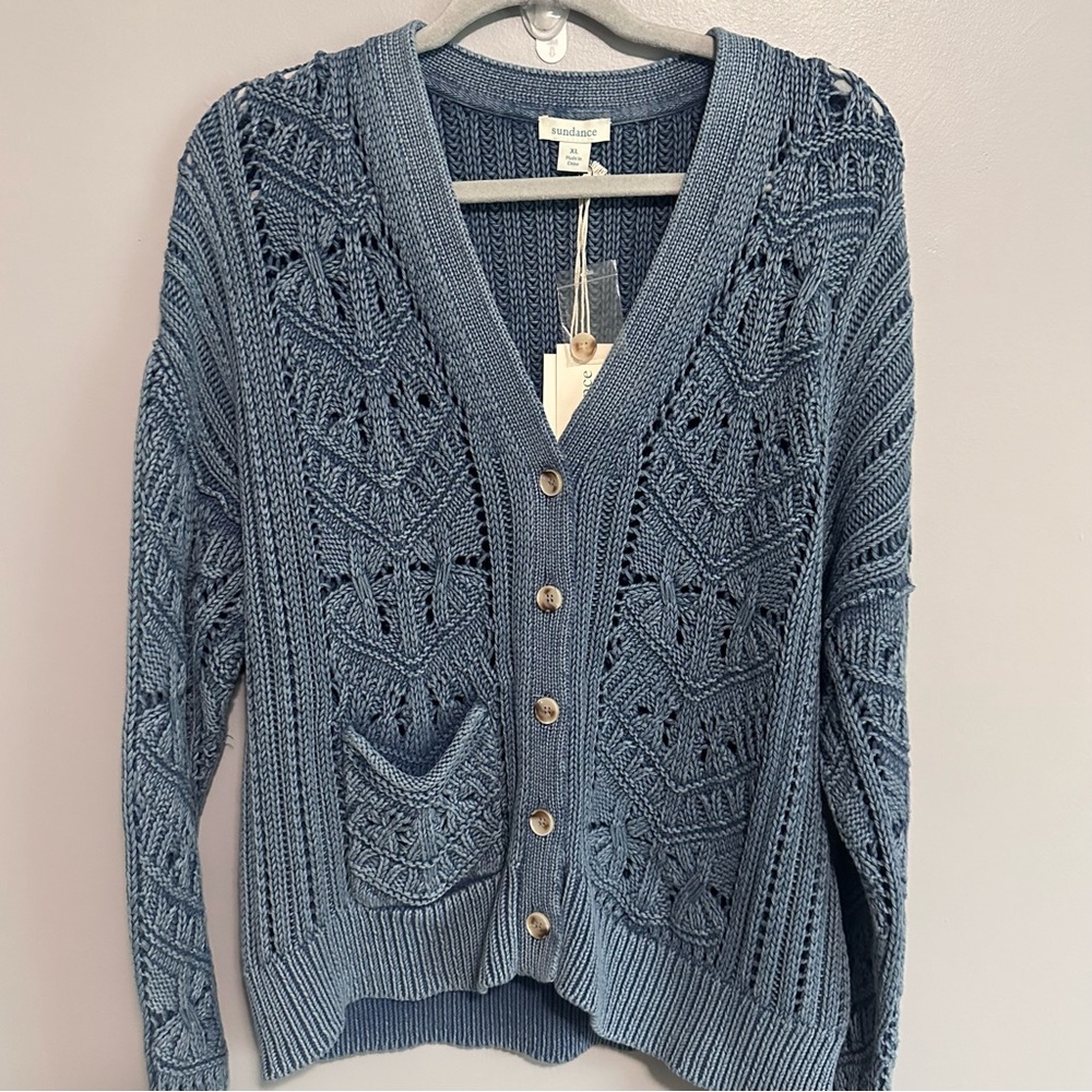 Sundance Sweater Large  Blue XL Aveline Cardigan Pointelle Button Down NEW